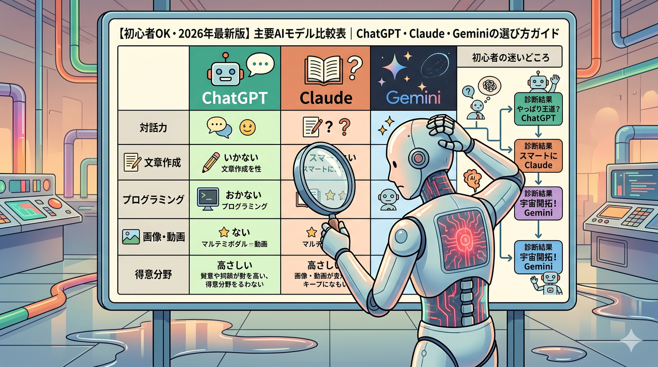 【初心者OK・2026年最新版】主要AIモデル比較表｜ChatGPT・Claude・Geminiの選び方ガイド